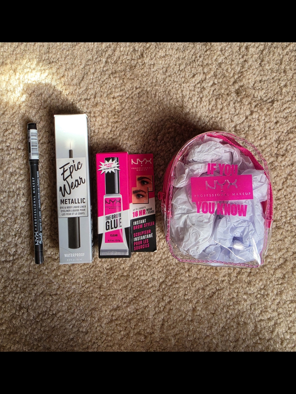 NYX Brow Glue, Metallic Eye Liner, Lip Liner & Pink Clear Bag-4 PcSet $28 NWT